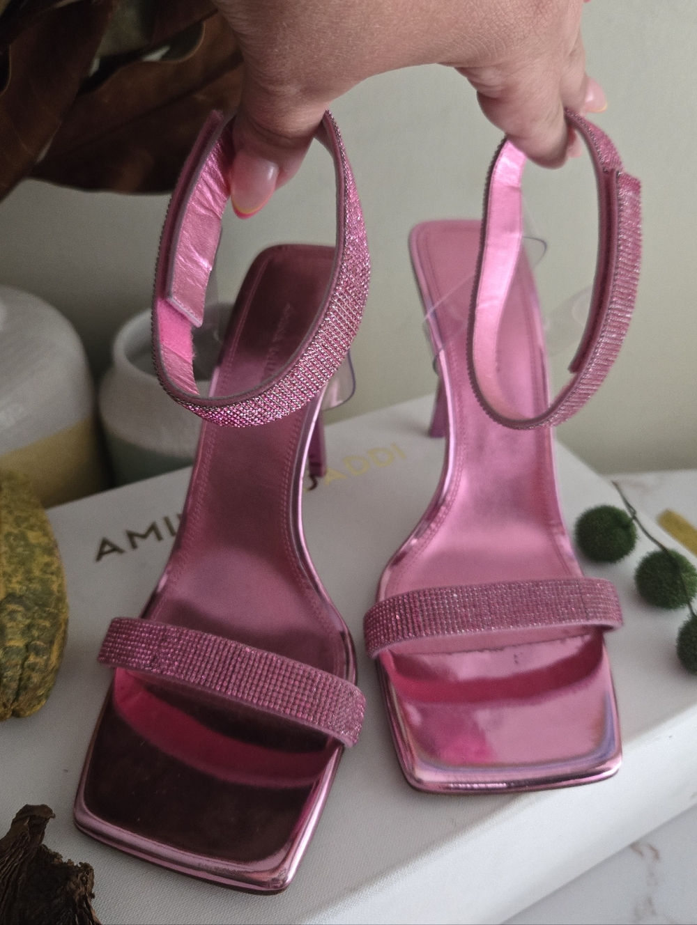 GUC Amina Muaddi Pink Mirror Rih Heel Sandals Women Womens Size 38 IT 7.5-8 US - Picture 2 of 16